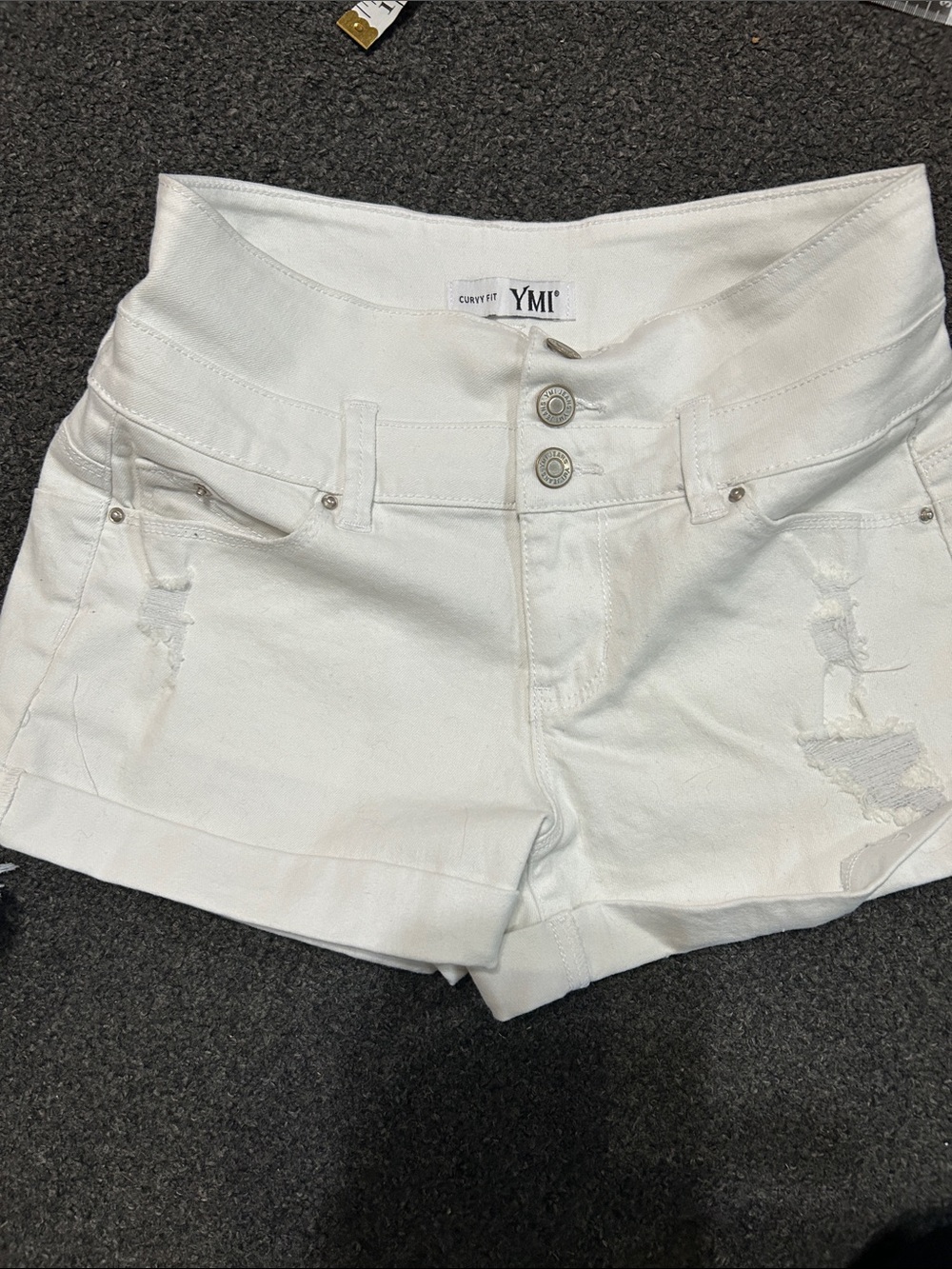 YMI White High-Rise Distressed Denim Shorts